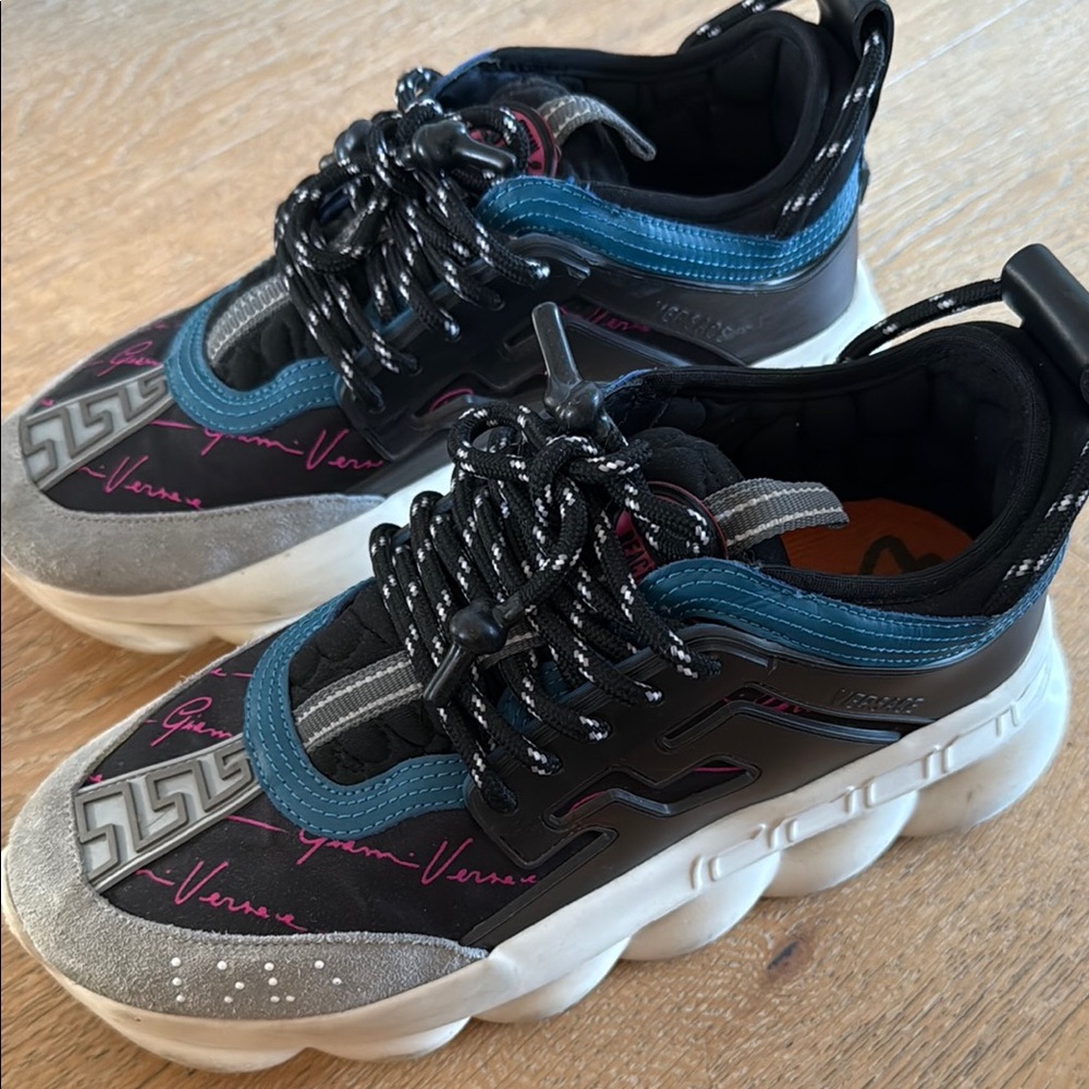 Versace Black and Blue Athletic Chain Reaction Sneakers with Chunky Design